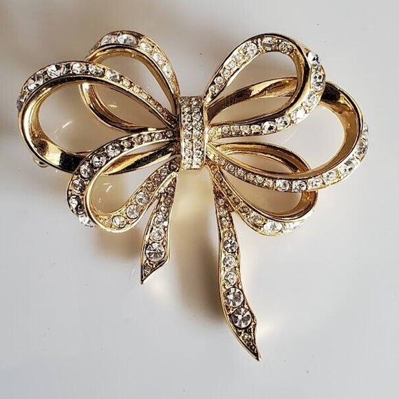 Vintage KJL Kenneth Jay Lane For Avon Bow Pin Brooch Crystal Gold‎ Plated - Picture 1 of 7